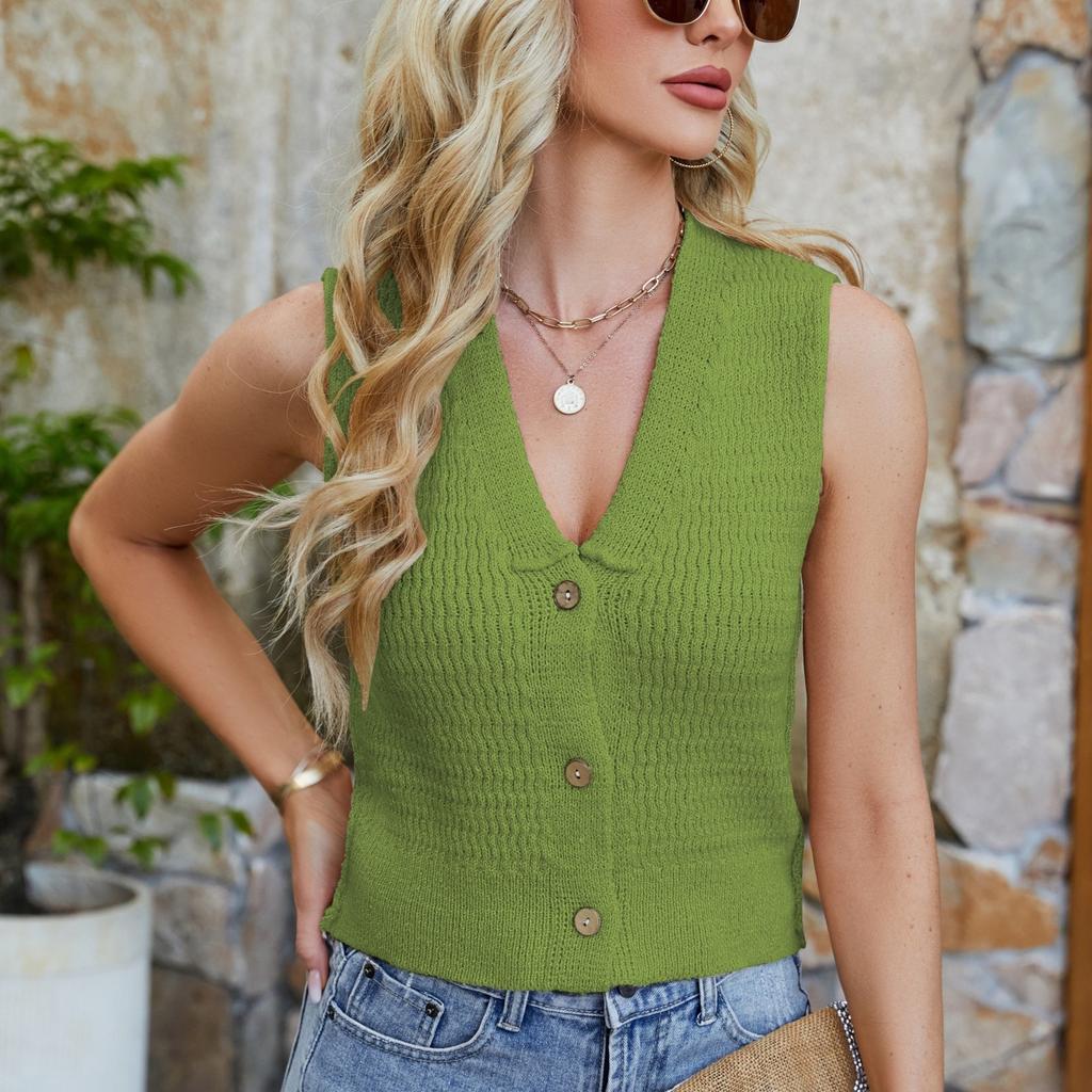 Fashionable Women's Solid Color Knitted V-neck Button Vest