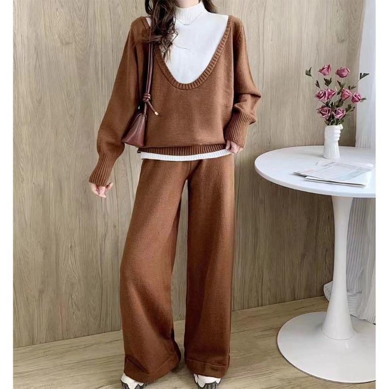 Fake Two-piece Set for Women's Autumn and Winter New Loose Large-size Casual Style Wide-leg Pants Knitted Sweater Set
