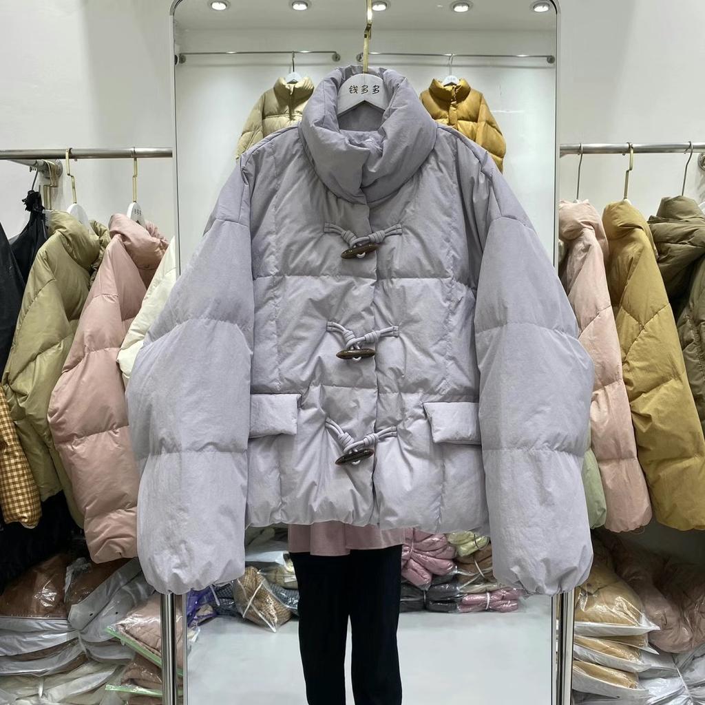 Short horn buckle down jacket women's new white duck down bread jacket stand-up collar loose winter coat