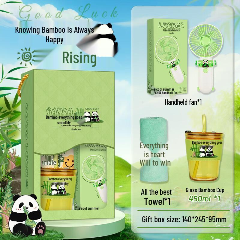 Panda Themed Glass Cup Gift Set Glass Cup, Towel, Small Fan Set
