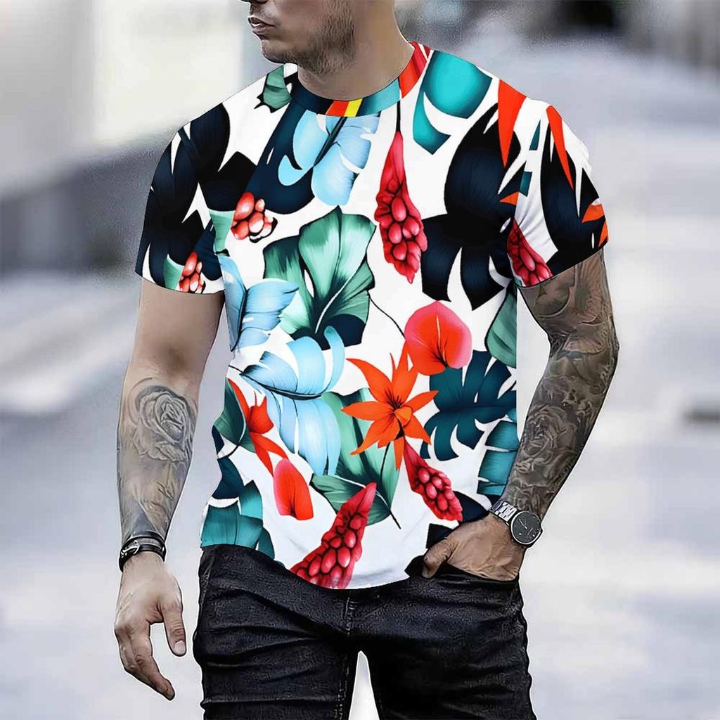 Women Short Sleeve Crew Neck T Shirt White Red Orange Blue Tropical Leaf Floral Print Top
