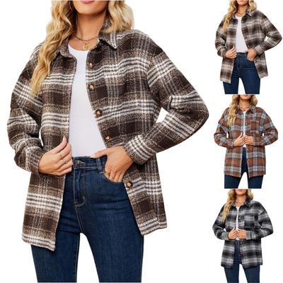 Women's Fashionable Plaid Long Sleeved Lapel Button Pocket Casual Loose Jacket