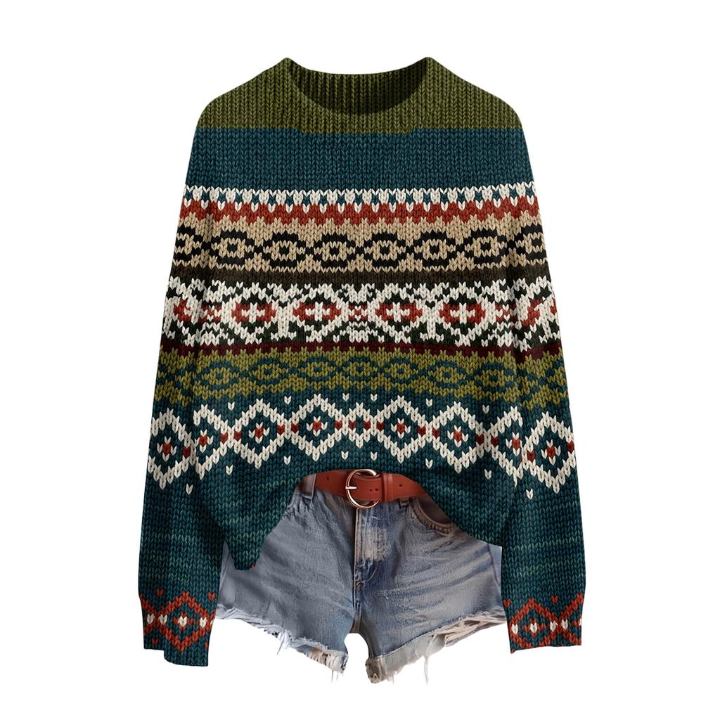 Women's Soft Printed Neck Long Sleeve Sweater for Fall and Winter