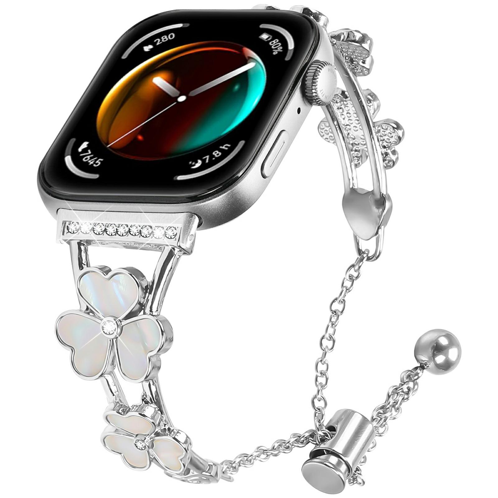 

For Huawei Watch Fit 3 Watchband Heart Clover Decor Silver Zinc Alloy Metal Strap A