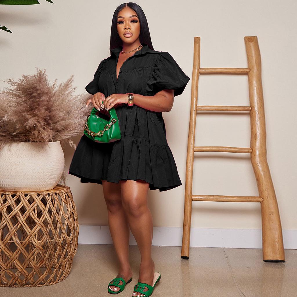 Women's Summer Fashion Solid Color Casual Loose Dress Puff Sleeve Button Doll Collar Skirt