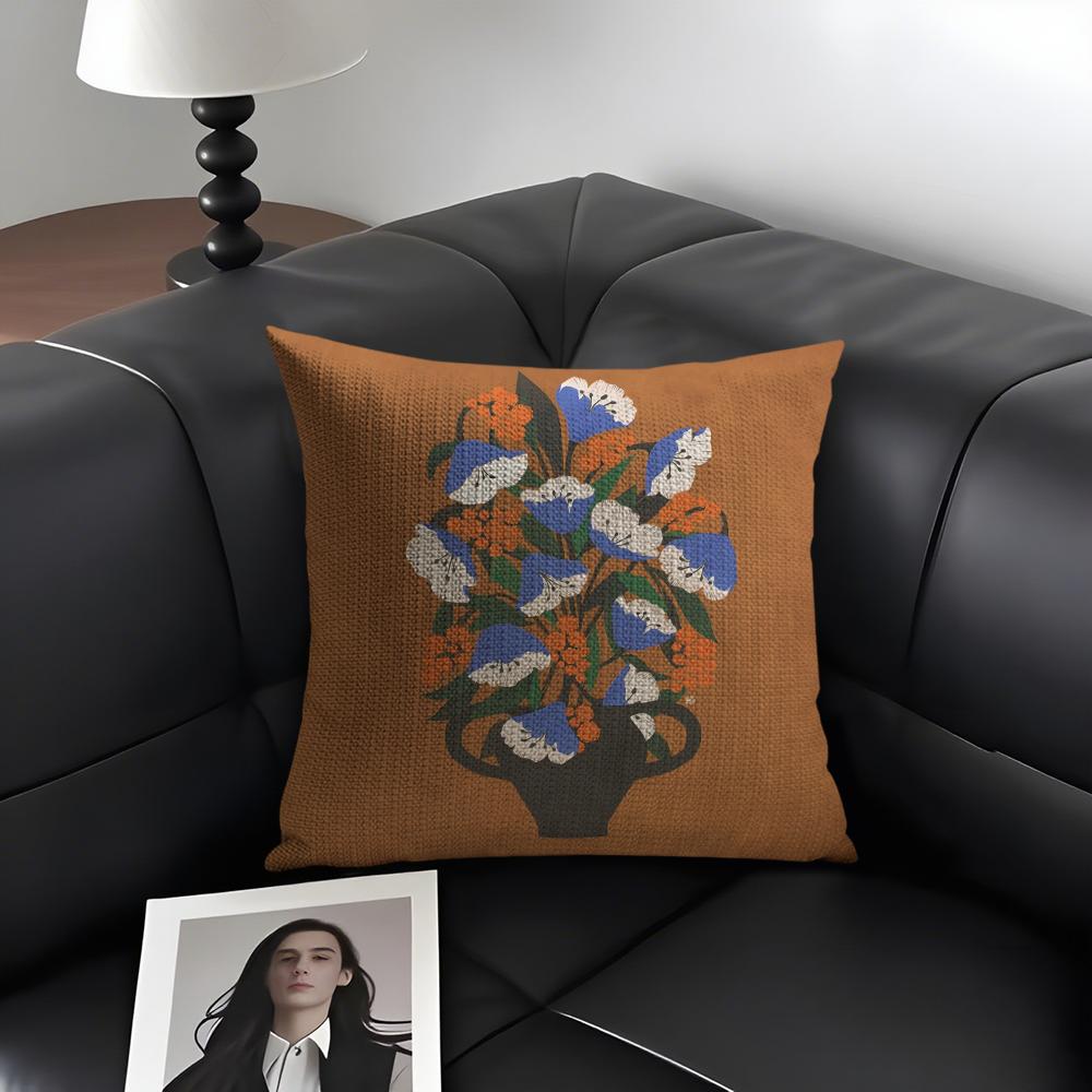 1PC Classic Vintage Vase Cushion Cover Natural Linen Organic Fabric DoubleSided Printing Sofa Home Decor Gift Pillow Case