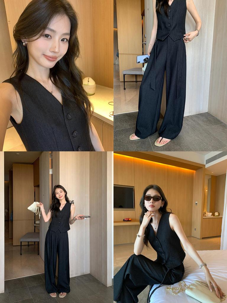 Vintage Chic Set: V-Neck Vest & Wide-Leg Pants, Two-Piece Ensemble