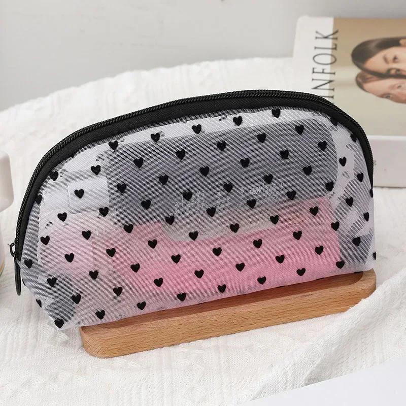 Women Cosmetic Pouch Toilet Storage Bag Ladies Toiletry Lipstick Key Coin Organizer Bags Purse Heart Transparent Mesh Makeup Bag