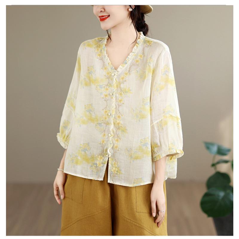 DIMANAF 2026 Summer New Plus Size Women Blouse Shirt Elegant Vintage Print Floral Lady Tops T-Shirt Cotton Clothing