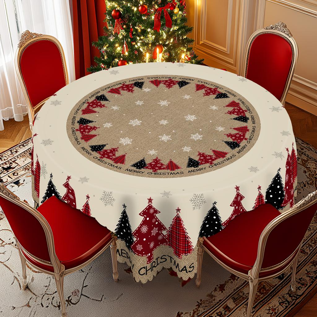 1 Piece Of Christmas Round And Rectangular Tablecloths Available In Various Sizes, Rural Farmhouse Christmas Tree And Exquisite Decorations Printed Pa