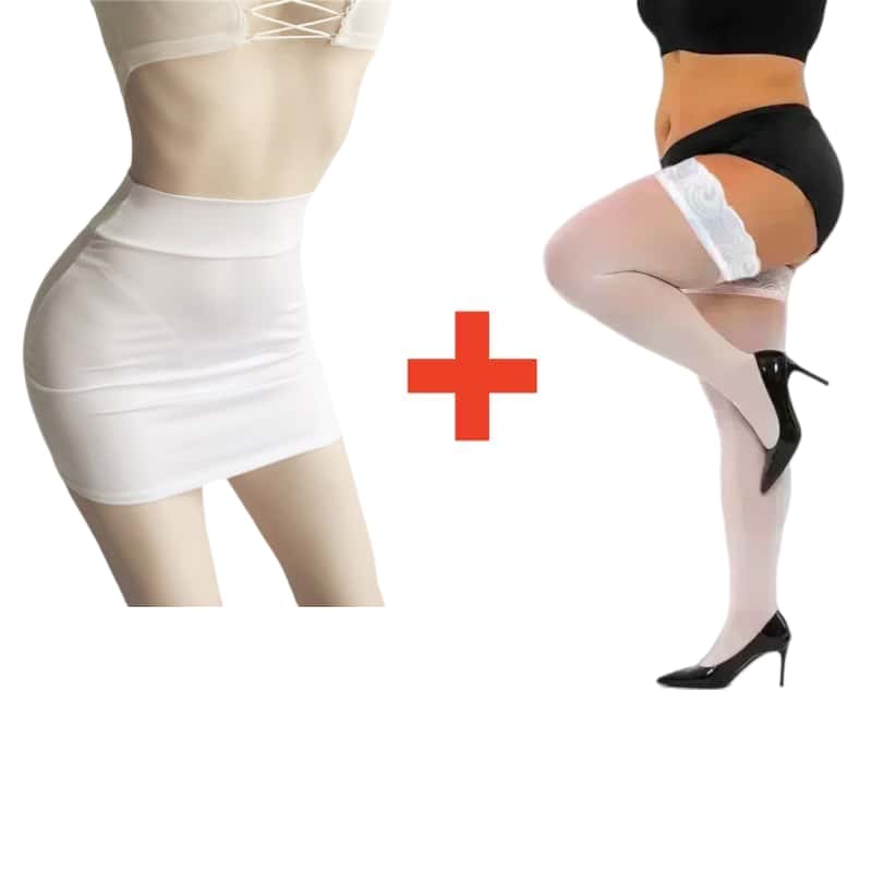 2PCS/SET Women High Waist Pencil Mini Skirts+Stockings Dress Set,Sexy Casual Wrap Hips Black Short Skirt and Pantyhose