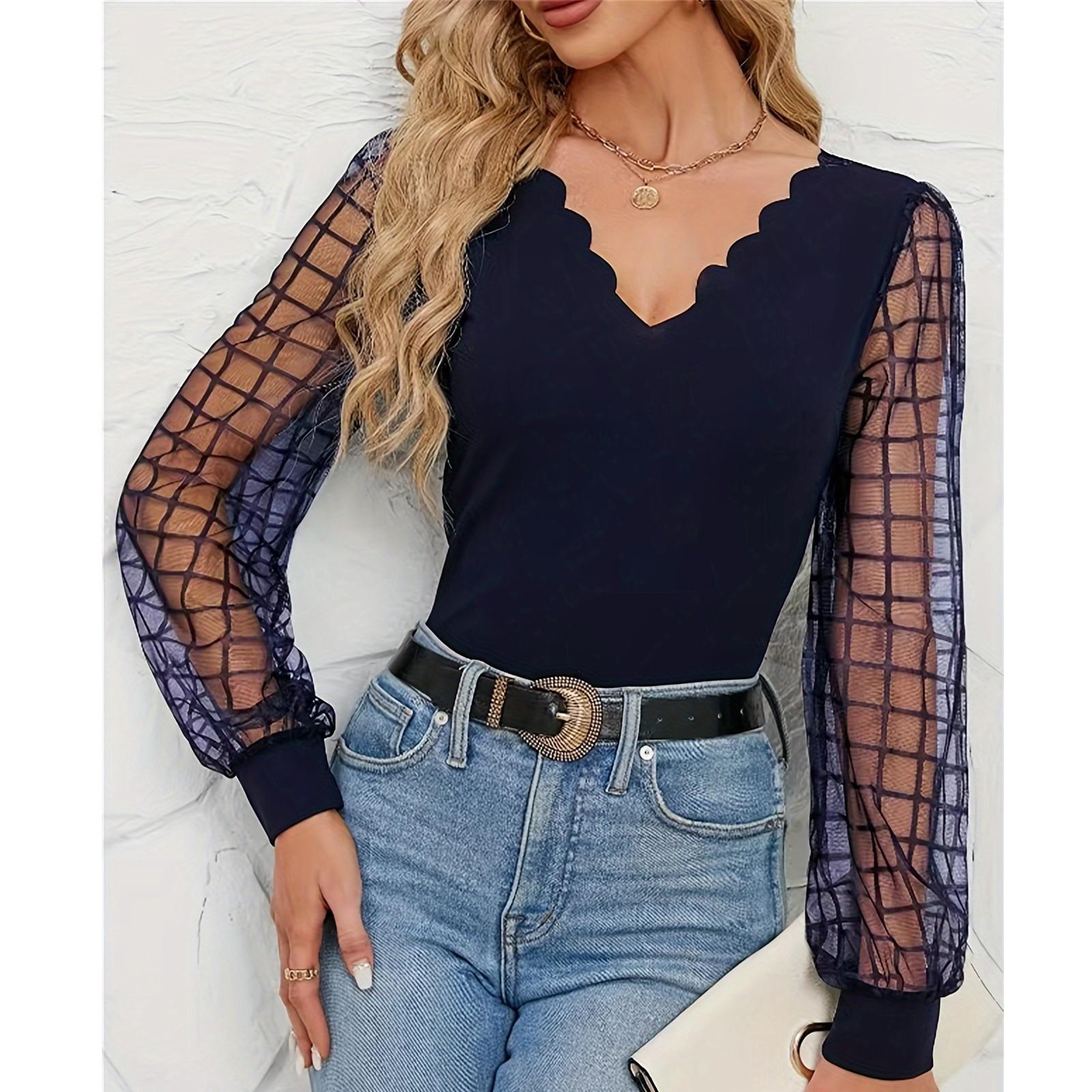 

Женская свободная повседневная однотонная рубашка с V-образным вырезом и рукавами-фонариками Модный топ Модный топ XL тёмно-синий