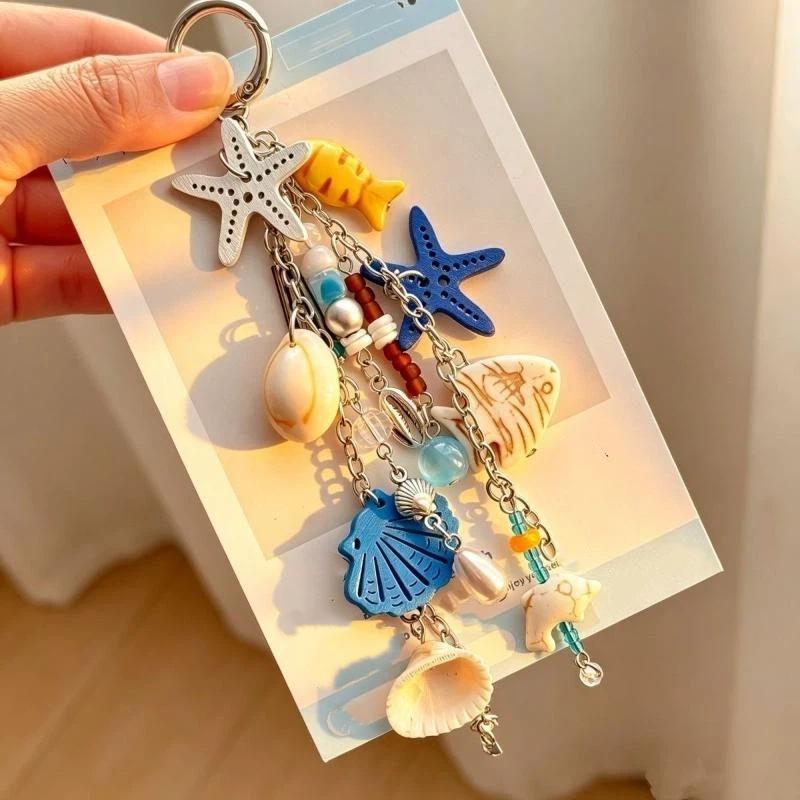 1Pcs Summer Themed Key Chain Scallop Shell Starfish Pendant Handmade Cute Decor for Women Daily Use Bag Car Key Gifts
