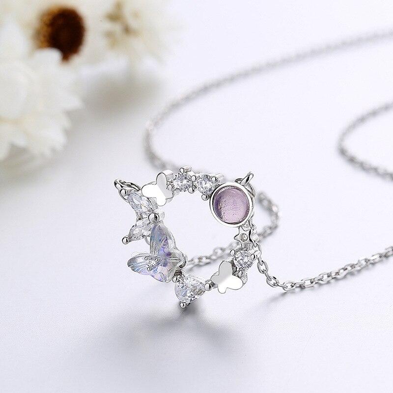 925 Sterling Silver Moonstone Butterfly Wreath Necklace Pendant For Women Wedding  Fashion Jewelry Accessories Dz360