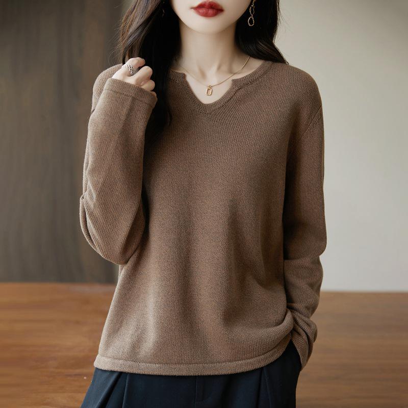 Höst/Vinter 2025 V-ringad Lösstickad Tröja i Ren Bomull för Kvinnor