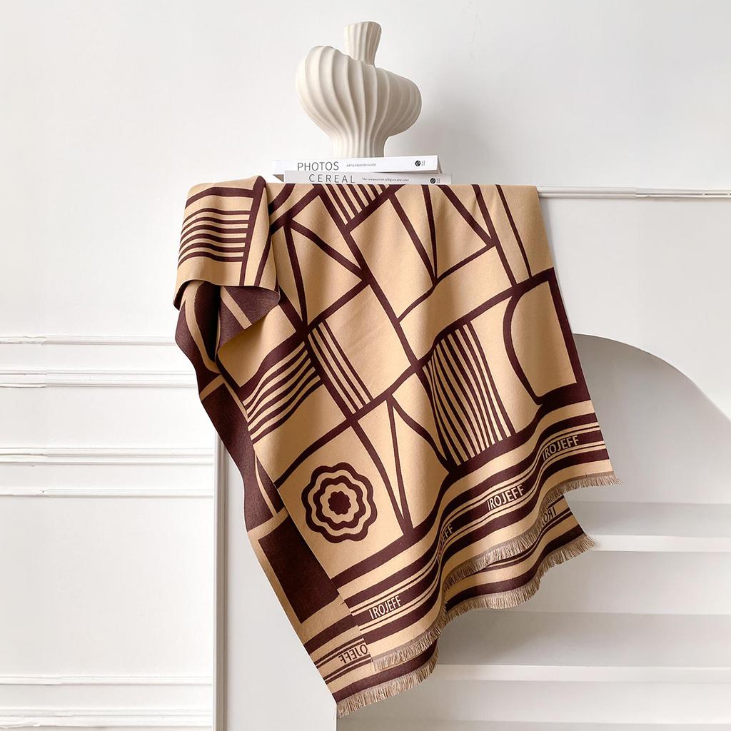 Winter Geometric Splicing Letters Versatile Simple Neck Protection Warm Scarves High Temperament Women Two-Sided Jacquard Shawl