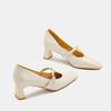 Off-white High Heels Women's Thick Heel Square Head 2025 Spring New Professional Soft Leather One-word Buckle Skirt Single Shoes