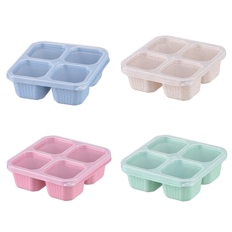Quadratische Trenn-Bento-Box Wiederverwendbarer 4-Fächer-Lebensmittelbehälter Snack-Nüsse Mit Deckel Weizenstroh-Lunchbox Küchenzubehör