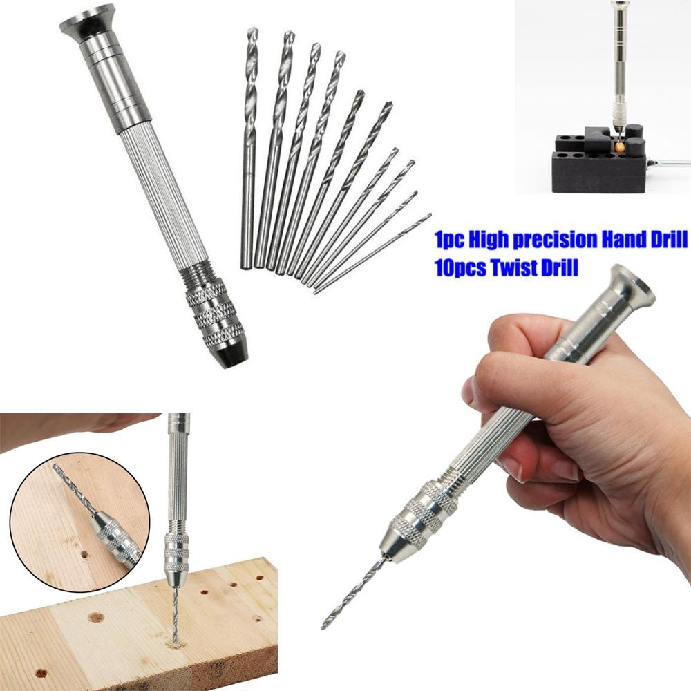 1PC Mini Micro Aluminum Hand Drill with Keyless Chuck +10pcs Twist Drill Bit Woodworking Drilling Rotary Tools