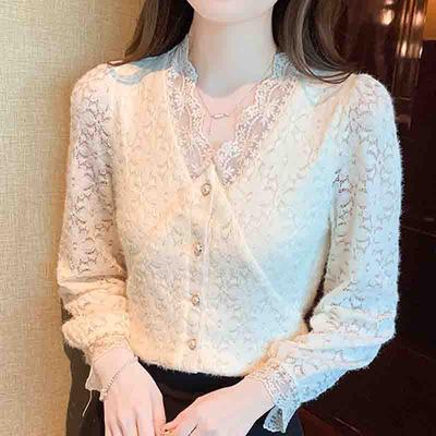 Fashion New 2024 Autumn Winter Long Sleeve V-Neck Apricot Velvet Lace Blouse Shirt Women Tops Blouses Shirts J768