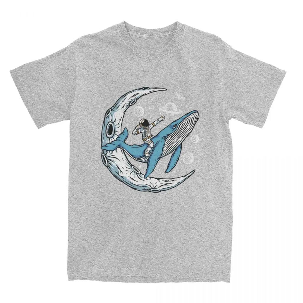 Astronaut Riding A Blue Whale Near The Crescent Moon T-Shirt Summer Vintage T-Shirts  Hipster Tee Shirt For Men