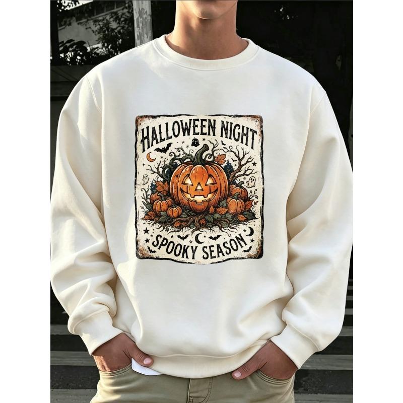 Men'S Crew Neck Sweatshirt Jack Lantern Ghost Bat Moon Star Fall Leaf Graphic Print Halloween Loose Long Sleeve Top All Season Comfortable Daily Wear