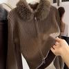Womens Oversized Knit Cardigan With Faux Fur Collar Double Zipper Casual Warm Sweater Coat Winter