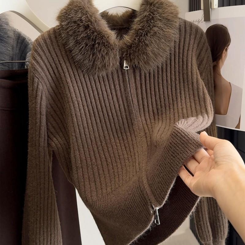 Womens Oversized Knit Cardigan With Faux Fur Collar Double Zipper Casual Warm Sweater Coat Winter