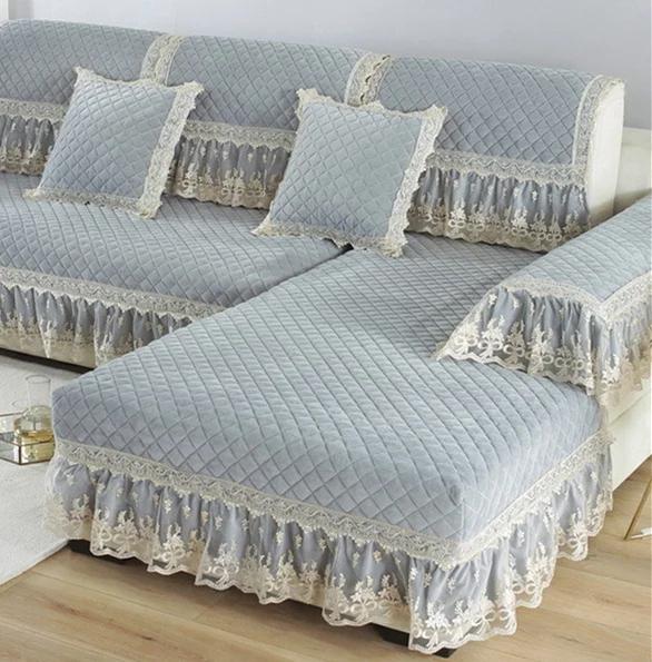 Velvet Sofa Cover Embroidery White Jacquard Lattice Towel Couch Anti-slip Armrest Backrest Sofa Coushion Living Room Seat Cover