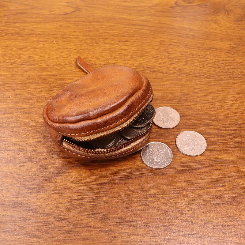 Vegetable Tanned Cowhide Coin Purse, Vintage Handmade Color Polishing, Vintage Round Personalized Coin Bag, Headphone Bag, Compact for Women
