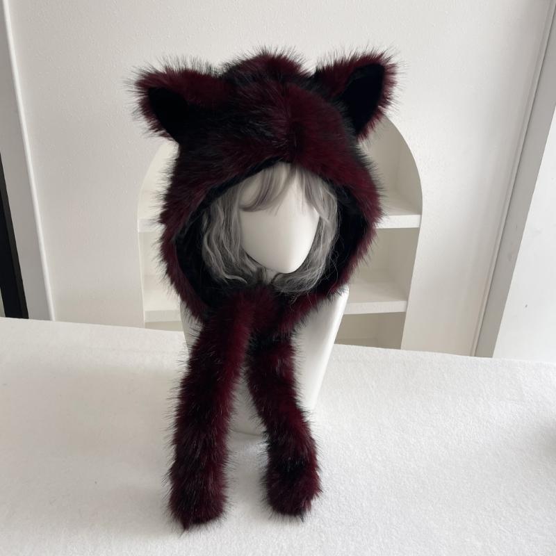 Plush Cats Ear Hat with Faux Furs Look Earflaps, Long Coverage Thick Warm Hat for Cold Weather Daily Outfit Styling, Outdoor Activity