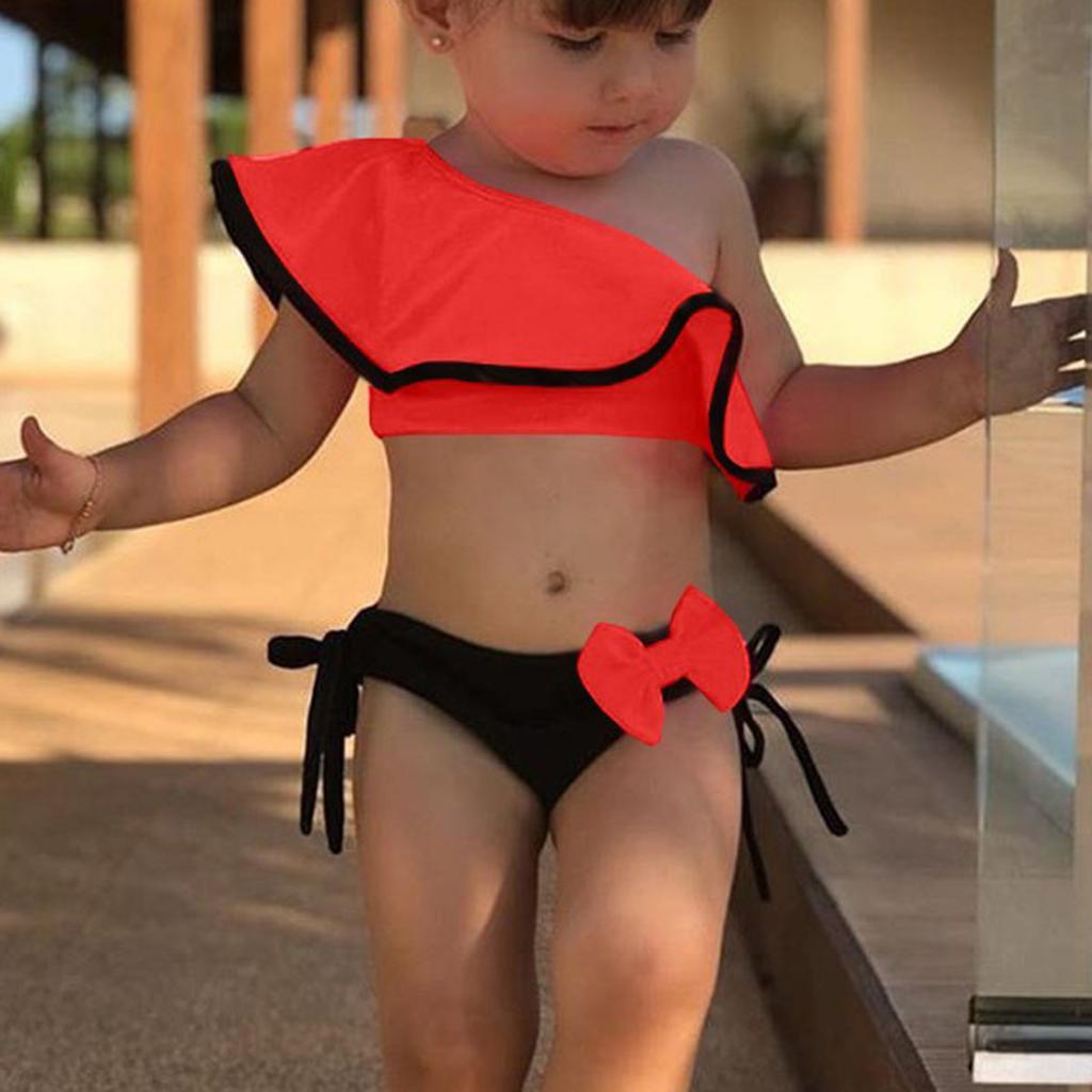 Girl's Ruffled Children's Swimsuit Slant Shoulder Candy Color Bow Cute Split Swimsuit