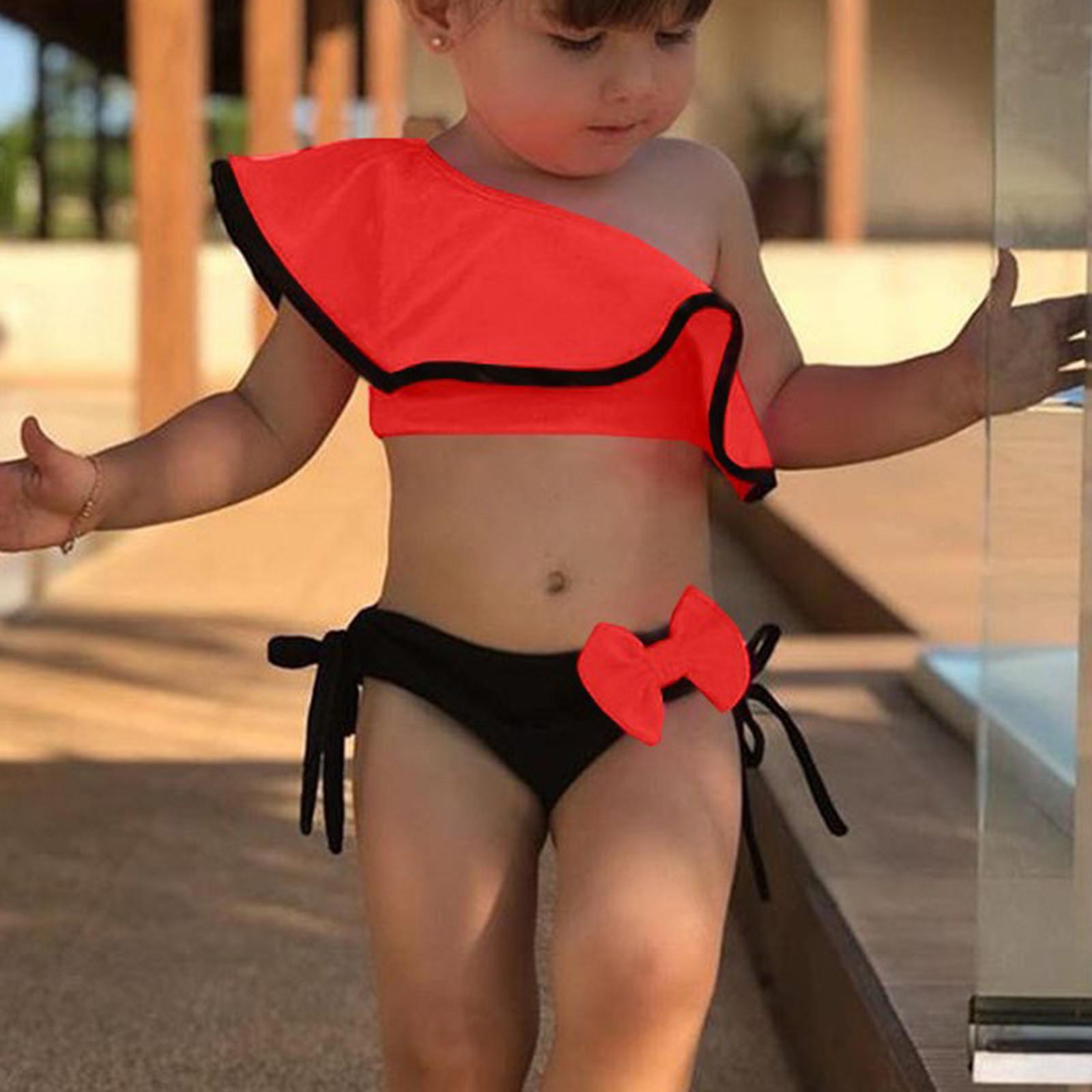 

Детский купальник для девочек с оборками, косые плечи, симпатичный купальник с бантом конфетного цвета 120