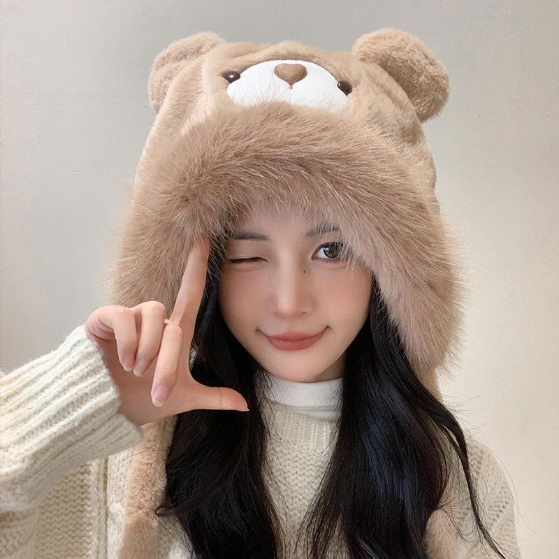 New Winter Cute Cartoon Bear Thickened Gloves Riding Student Ear Protection Plush Hat for Women Warmth Lei Feng Hat