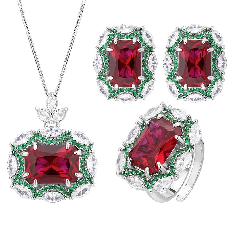Wind Jewelry Set, Ruby Necklace, Ring Stud Earrings, Red Corundum Will Change Color, High-End Light Luxury Fashion Women
