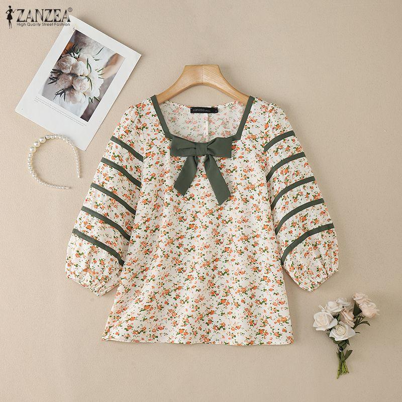 ZANZEA Women Casual Square Collar Summer Loose 3/4 Sleeve Floral Blouse