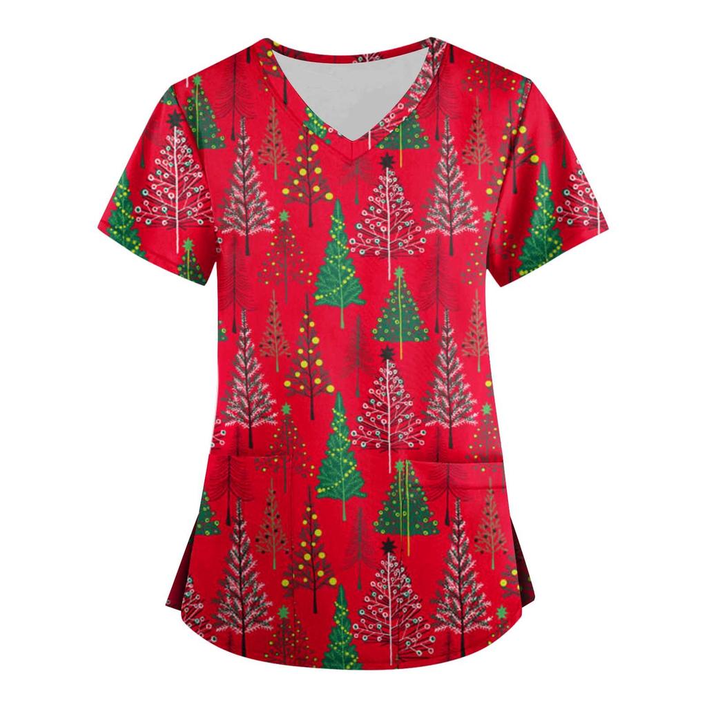 Women's Fashion V-neck Short Sleeve Workwear With Pockets Christmas Printed Tops