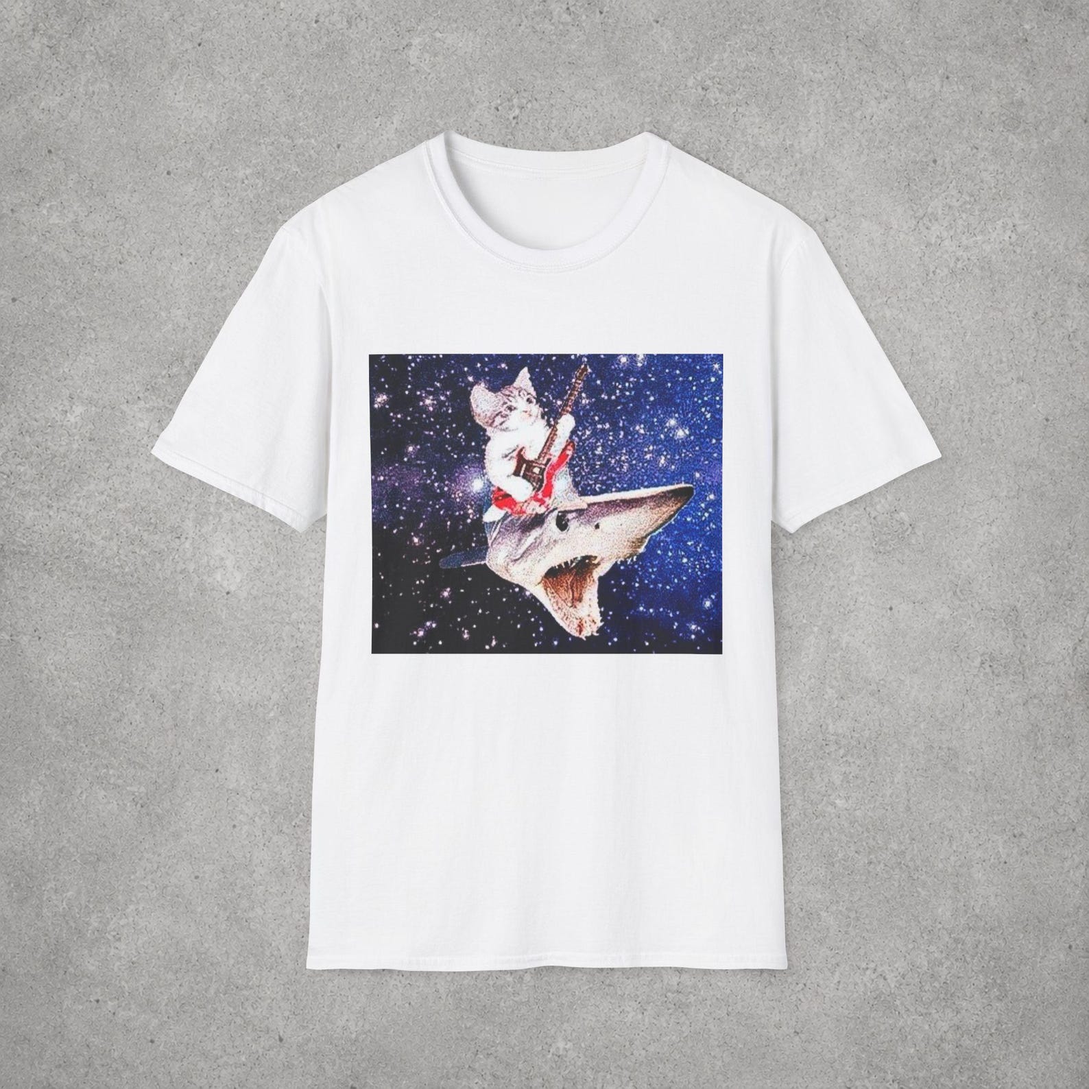 Cat Playing Guitar on Shark T-Shirt | Space Galaxy Music Graphic 2XL