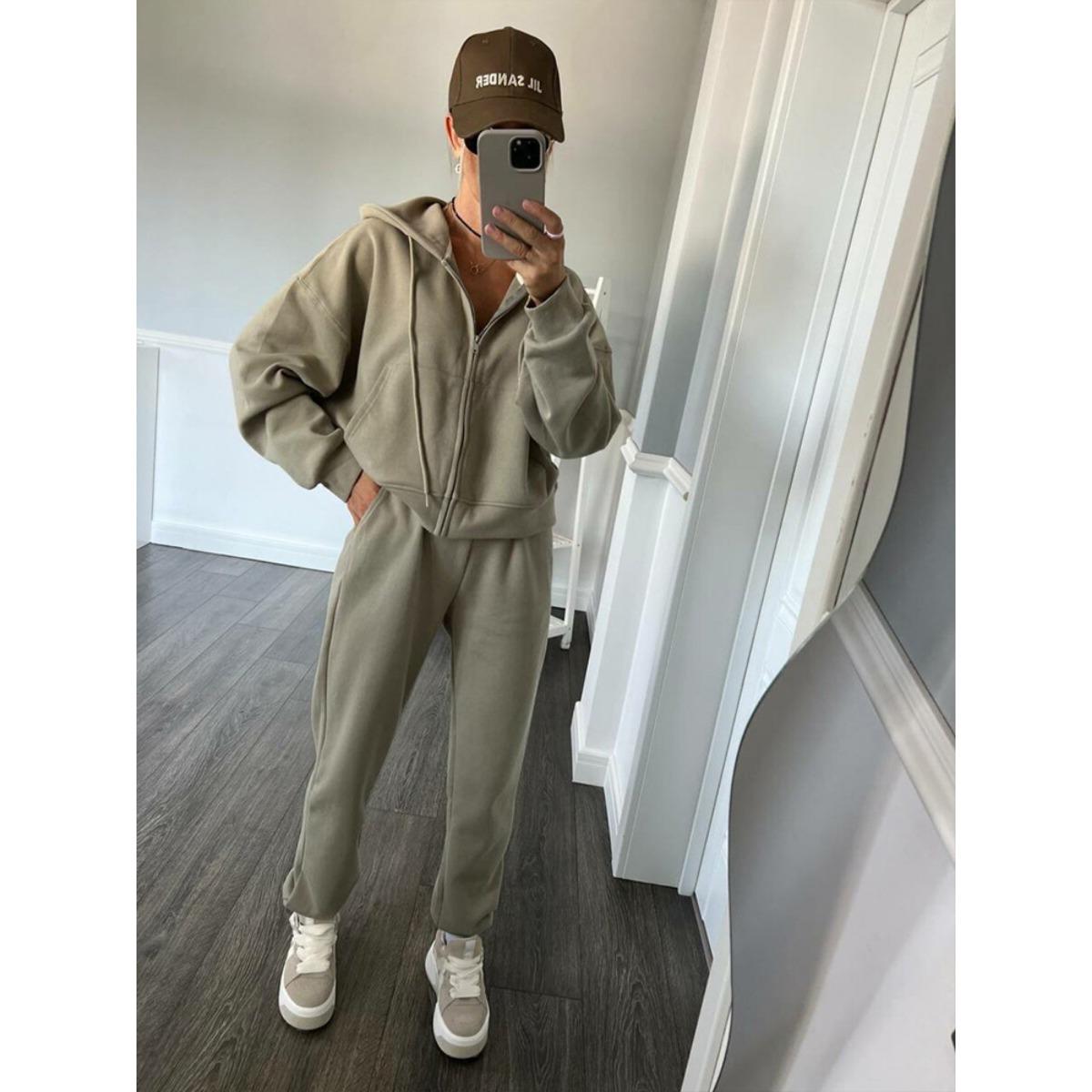 

Повседневный женский комплект однотонный худи на молнии с длинным рукавом и брюки на резинке, комплект из двух предметов S