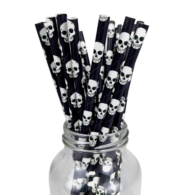 25pcs Halloween Theme Disposable Paper Straws Spider Skull Pumpkin Bat Pattern Happy Halloween Party Decor Supplies