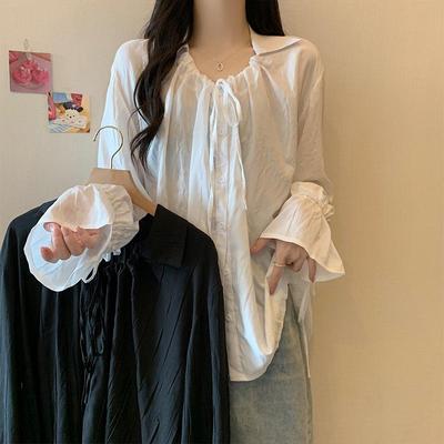 Elegantes französisches Schnür-Langarmhemd in lockerer Passform für Plus-Size-Damen