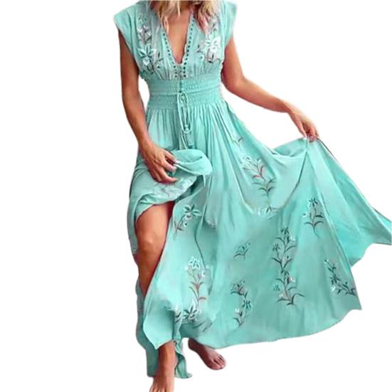 Women Dress Floral Print Lace-up Summer Bohemian Vintage Maxi Dress for Beach