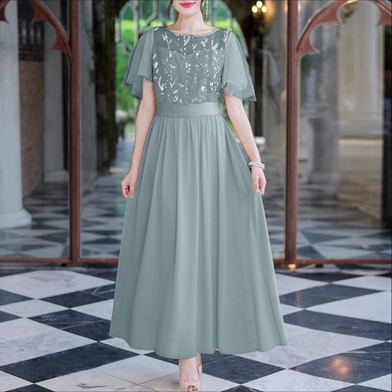 ZANZEA Women Casual Round Neck Mesh Splice Short Sleeve Loose Dress