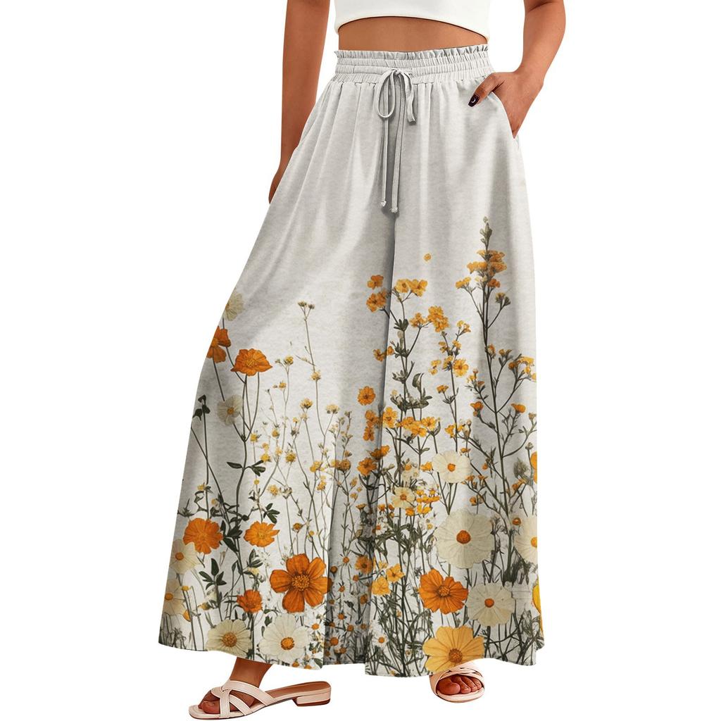 Women's Palazzo Pants Boho Floral Wide Leg Trousers Summer Beach High Waisted Flowy Pants With Pockets