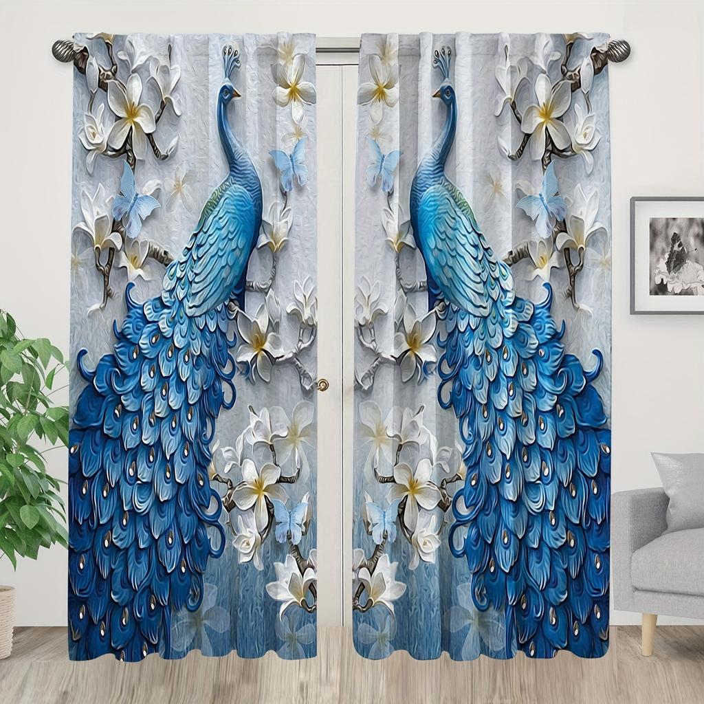 2pc Blue Peacock and Golden Tree Pattern Curtain Set Rod Pocket Mount Digital Printed Polyester Curtains for Living Room Kitchen