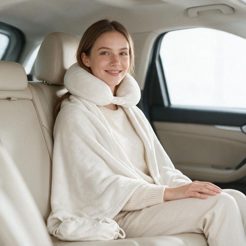 2 in 1 U-shaped Pillow and Blanket Flannel Space-saving Travel Pillow and Blanket Set Folding Solid Color Throw Blanket