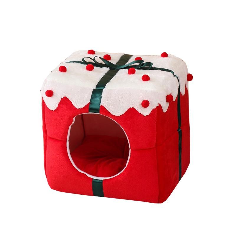 NEW Pet Bed House Winter New Arrival Thickened Fleece Warm Semi-Enclosed Christmas Cat Cage for Cats Dogs