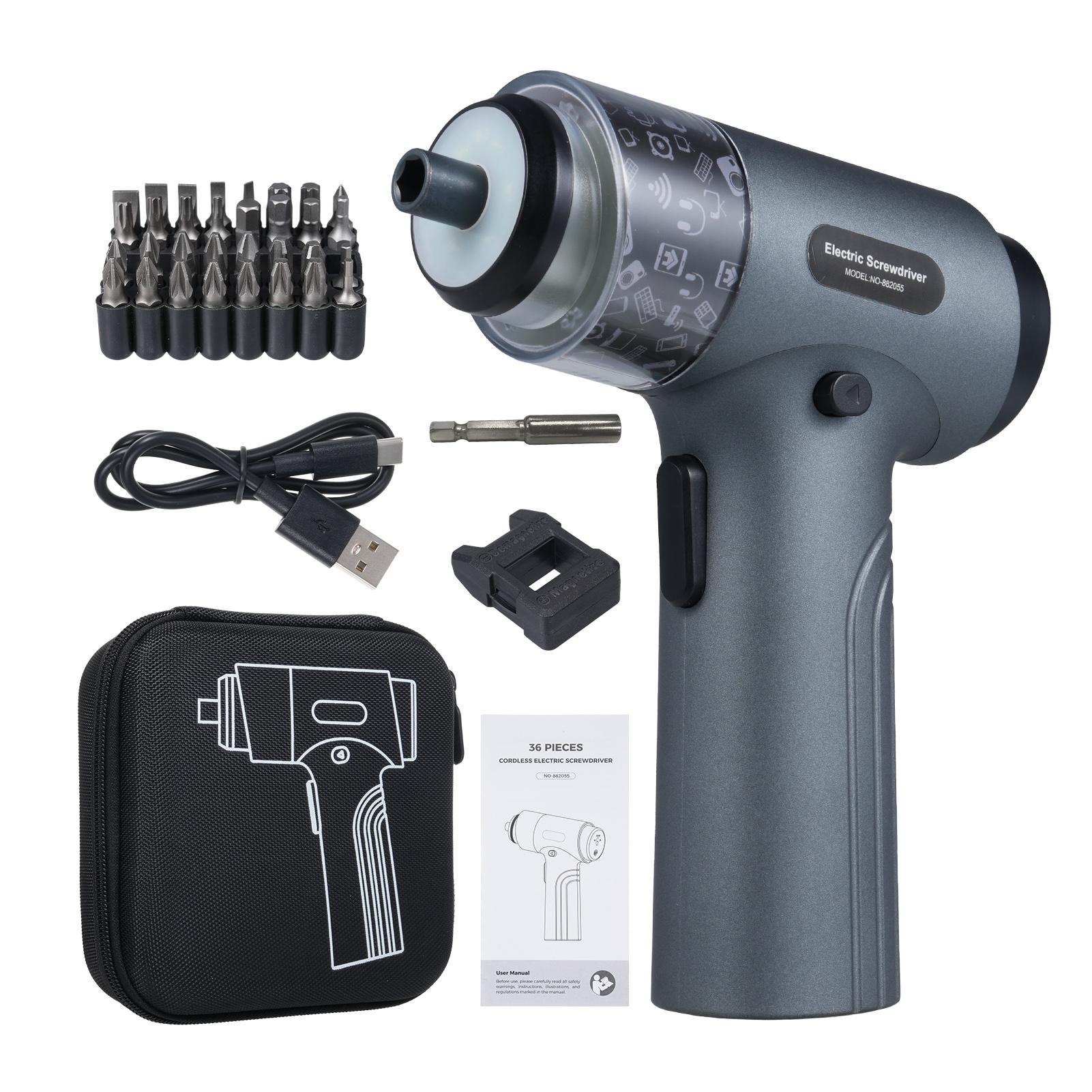 

Набор электрических отверток 32 в 1, аккумуляторная отвертка с 7 скоростями, регулируемая, со светодиодной подсветкой темно серый