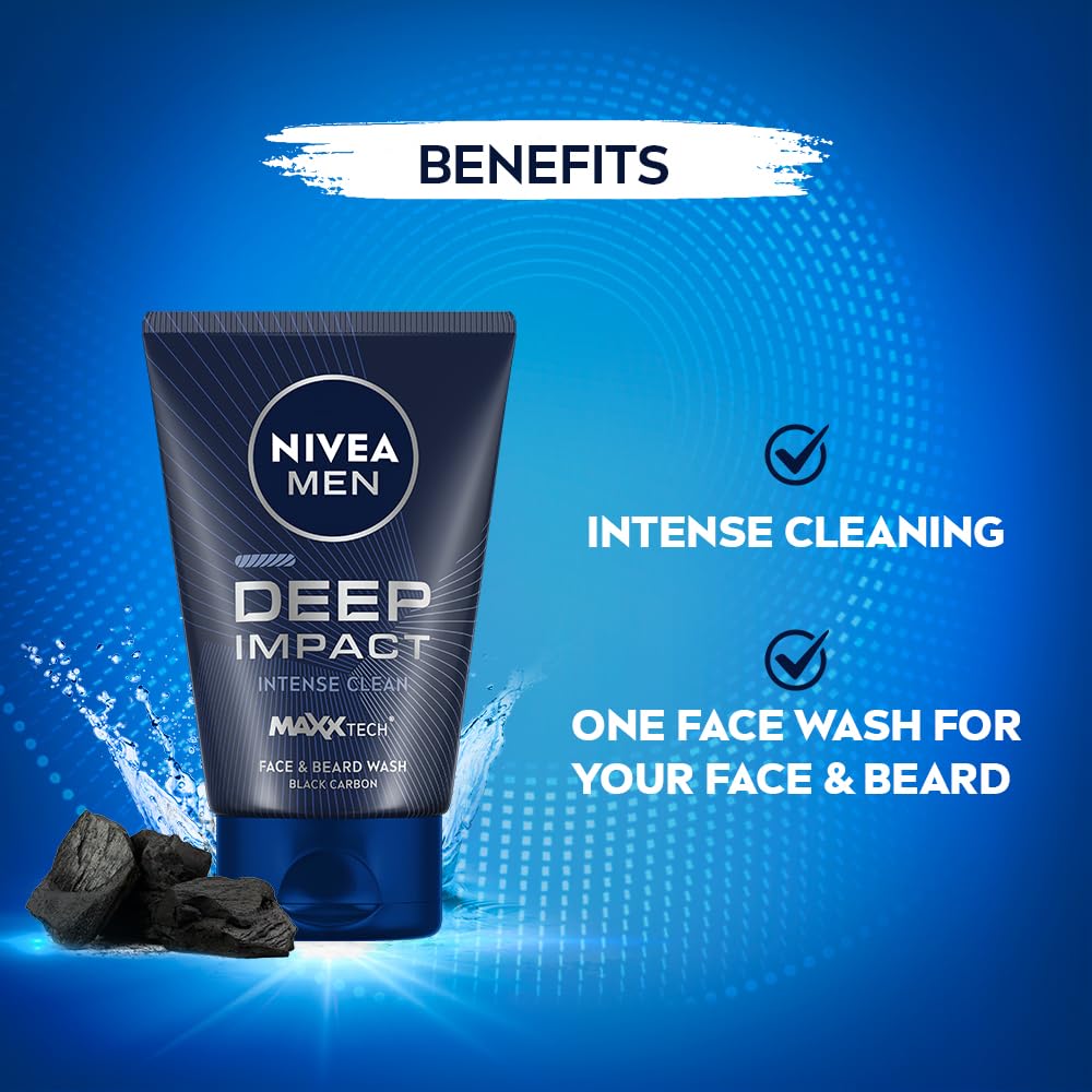Nivea Men Deep Impact Face Wash 100g For Beard & Face | Oil Control & Pore Cleansing With Charcoal | Removes Impurities Gently