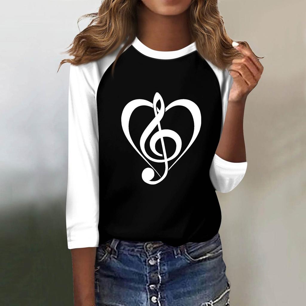 Damenmode Lässiges T-Shirt O-Ausschnitt Siebenärmel Bedrucktes Knopf-Top